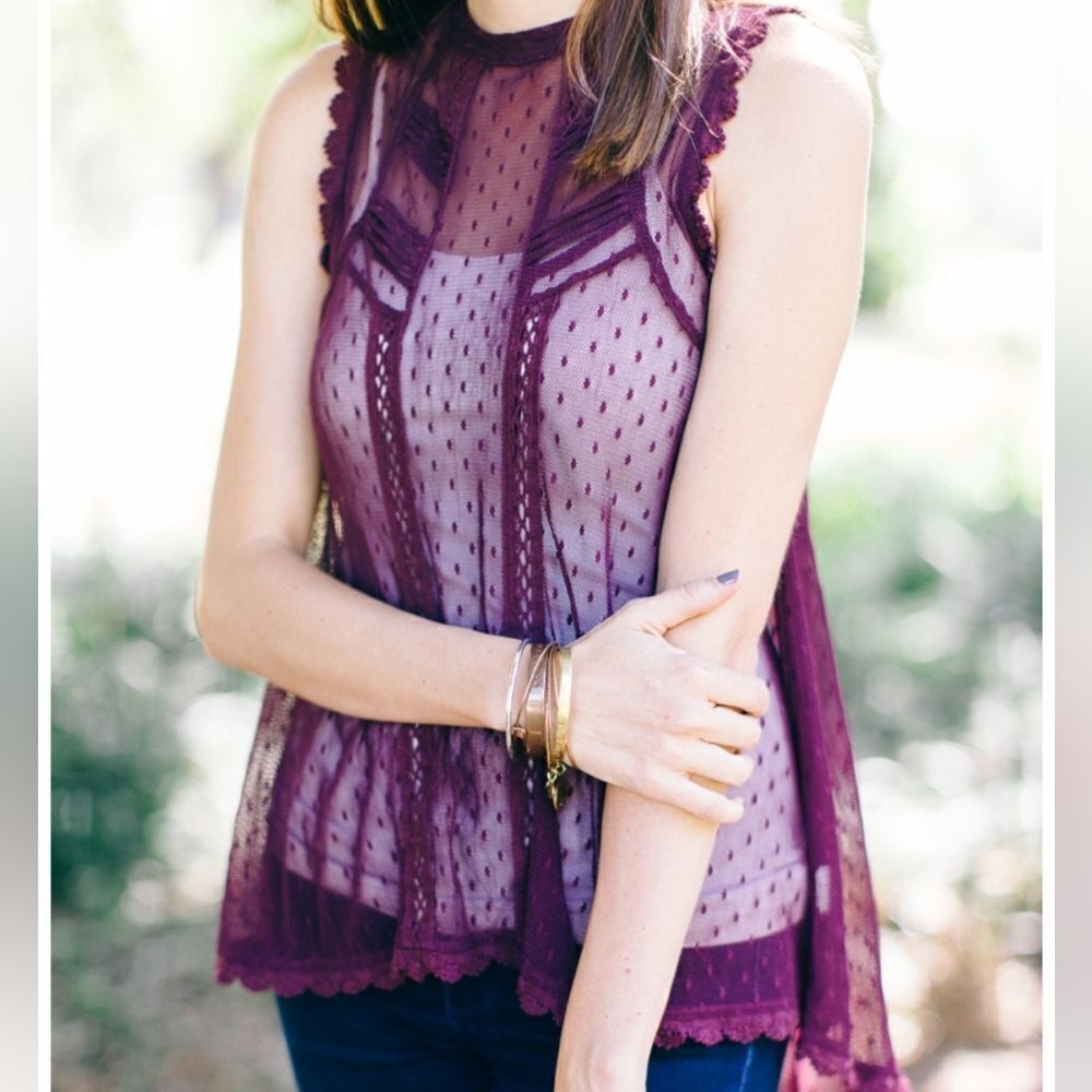 Free People New Romantics Sheer Lace Sleeveless Top Size Small Deep Purple